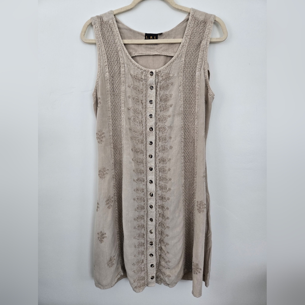 L.S.I Rayon Bohemian Earthy Embroidered Festival Hippie Mini Dress Size S/M